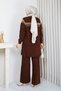 Women's Brown Knit Modest Tunic with Cold-Weave Glittery Striped Detail, Sequin Trim, Crew Neck, and Slit - 6