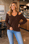 Women's Long-Sleeved V-Neck Off-the-Shoulder Knitted Textured Soft-Textured Elegant Casual Brown Knit Sweater