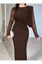 Women's Crew Neck Brown Draped Sleeve Tulle Detail Long Evening Gown - 2