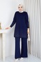Women's Navy Blue Chilled-Yarn Skirt with Glittery Ombré Crew Neck and Slit Knit Modest Tunic