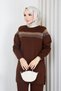 Women's Brown Knit Modest Tunic with Cold-Weave Glittery Striped Detail, Sequin Trim, Crew Neck, and Slit - 4