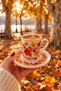 Set of 2 Porcelain Turkish Coffee Cups, with an Autumn Pattern Featuring Plane Tree Leaves, Includes Saucers, 90 cc