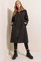 Black Women's Ruched Striped Trench Coat with Waist Drawstring 9091 - 5