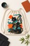 Unisex Cream Linen-String Backpack with Samurai Cat Print, 40x50 cm