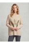 Women's Italian Blouse with Feather Print and Embellished with Stones, Oversized, Loose-Fit, Textured Knit Blouse Tunic - 2