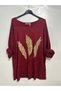 Women's Italian Blouse with Feather Print and Embellished with Stones, Oversized, Loose-Fit, Textured Knit Blouse Tunic - 2