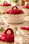 3-Piece Patterned Enamel Cookware Set - 6-Piece Cream-Colored Cookware Set with Red Lids, 14-16-18 cm - 2