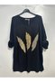 Women's Italian Blouse with Feather Print and Embellished with Stones, Oversized, Loose-Fit, Textured Knit Blouse Tunic - 2