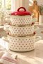 3-Piece Patterned Enamel Cookware Set - 6-Piece Cream-Colored Cookware Set with Red Lids, 14-16-18 cm - 3