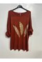 Women's Italian Blouse with Feather Print and Embellished with Stones, Oversized, Loose-Fit, Textured Knit Blouse Tunic - 2