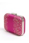 Fuchsia Pink Satin Crystal-Embellished Silver-Framed Chain Strap Women's Evening Clutch for Weddings and Engagements - 2