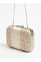 Ecru Satin Clutch Bag with Crystal Embellishments and Metal Chain Strap for Weddings and Engagements - 6