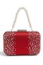 Red Satin Clutch Bag Embellished with Stones and Featuring a Pearl Handle and Chain Strap for Women's Evening Wear for Weddings and Engagements - 3