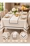 14-Piece Off-White Tablecloth with Black Lace Trim and Piqué Edging, Bridal Set with 12 Napkins + Table Runner