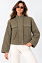 AGLİMMER Women's Mock Neck Khaki Cropped Suede Jacket with Snap Details, Double Pockets, and Zipper