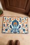 Navy Blue and Orange Damask Floral Print Turkish Rug-Patterned Doormat, 40x60 cm, with Non-Slip Sole