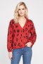 Women V Neck Animal Print Knitted Cardigan, Red