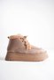 Women's Taupe Color Suede Winter Lace-Up Boot with Fur-Trimmed Lining and 5 cm Thick Soles TR04MK08E - 2