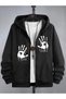 Cardigan - Black Printed Winter Oversized Hooded Zippered Pocketed Cardigan Unisex Clothing