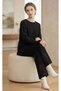 Crew Neck, Long Sleeve, Knitted, Detailed, Openwork, Long Slit Sweater and Elastic-Waist Pants Knitwear Set - 3