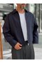 Navy Blue Oversized Jacket with Zipper and Lined Construction KNT- - 2