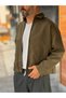 Khaki Oversized Lined Jacket with Zipper KNT- - 2