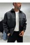 Textured Leather Bomber Jacket with Black Pockets DF-3483 - 6