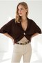 Women's Brown Bolero Cardigan with Ruffed Collar and Gold Buttons HRK-19000537 - 4