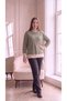 Women's Plus Size Green and Beige Striped Long-Sleeved Basic Cotton Long Sweatshirt - 7