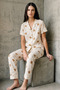 V-Neck Buttoned Casual Off-White Pajama Set - 2