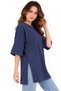 Navy Oversized Long-Sleeve T-Shirt with Double Sleeves and Side Slits | Cotton Basic Crew Neck Single Jersey Fabric - 4