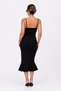 Women's Black Bodycon Midi Dress | Spaghetti Straps, V-Neck | Ruffled Skirt with Cut-Out Detail | Scuba - 2