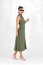 Women's Khaki A-Line Midi Dress | With Asymmetrical Ruched Drape Detail | Sleeveless Crew Neck | Paper Touch - 3