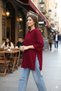 Burgundy Oversized Long-Sleeve T-Shirt with Double Sleeves and Side Slits | Cotton Basic Crew Neck Single Jersey Fabric - 7