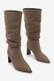 Women's Pointed Toe, Ruched, Thick Heel, Zipperless Casual Boots in Dark Taupe Color Suede - 4