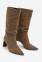 Women's Pointed-Toe, Ruched, Chunky-Heel, Zipperless Casual Boots, Velir Tobacco Brown Suede. - 6