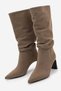 Women's Pointed Toe, Ruched, Thick Heel, Zipperless Casual Boots in Dark Taupe Color Suede - 6