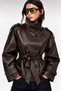 Women's Coffee-Colored Belted Stand-Up Collar Premium Faux Leather Jacket. - 2