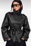 Women's Black Belted Stand-Up Collar Premium Faux Leather Jacket - 2
