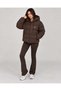 Women's Yoga Brown Hooded Puffer Coat with Zippered Pockets - 2