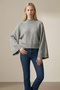 Dorg Soft Textured Wide Bat Sleeve High Neck Knitwear Women's Sweater & Blouse - Gray - 4