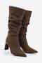 Women's Pointed Toe, Ruched, Thick Heel, Zipperless Casual Boots in Velir Brown Suede