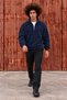 Men's Casual Navy Blue Fleece Sweatshirt with Zipper Collar and Polo Collar - 6