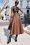 Women's High-Waisted Faux Leather Flared Midi Skirt - 3
