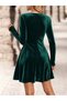 Women's boat neck long sleeve short velvet dress - 3