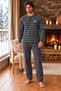Men's Long-Sleeved Pajama Set with Cotton Soft-Touch Fabric, Charcoal Grey Striped Indigo Pattern, and Half-Buttoned Cuffs - 2