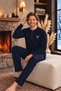 Cotton Soft Touch Checkered Navy Indigo Long-Sleeved Men's Pajama Set with Half-Buttoned Closure