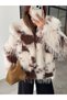 SHawl Collar, SNAP-FASTENED, PATTERNED FAKE FUR JACKET, ECRU-BROWN - 2