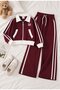 Burgundy Girls' Zipper-Front, Striped Jacket with Wide-Leg Pants and Brushed Inside Sweatsuit Set 25101