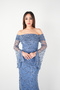 Full Beaded Fabric Boat Neck Evening Dress - Indigo Blue - 3